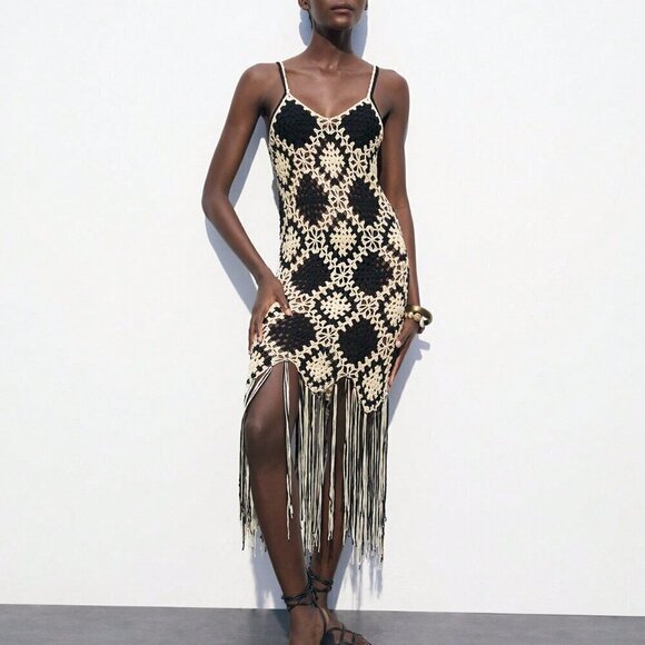 Black and White Party Women's Contrast Color Crochet Knit Sweater Dress - Picture 3 of 8